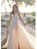 V Neck Beaded Ivory Lace Glitter Tulle Slit Wedding Dress